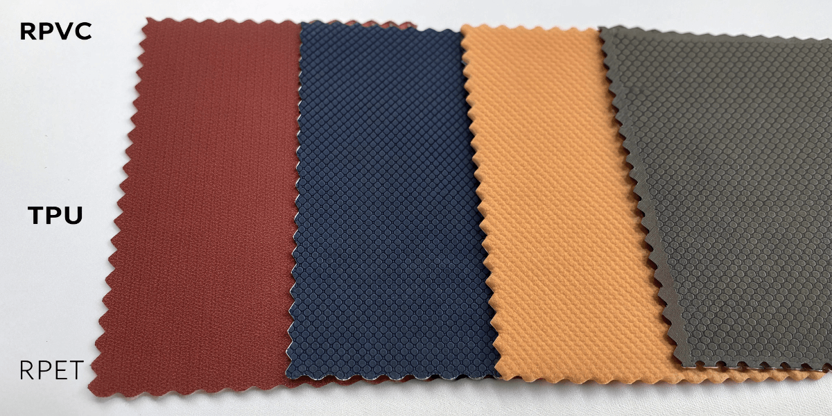 Swatch samples of rPVC, TPU, and rPET materials.