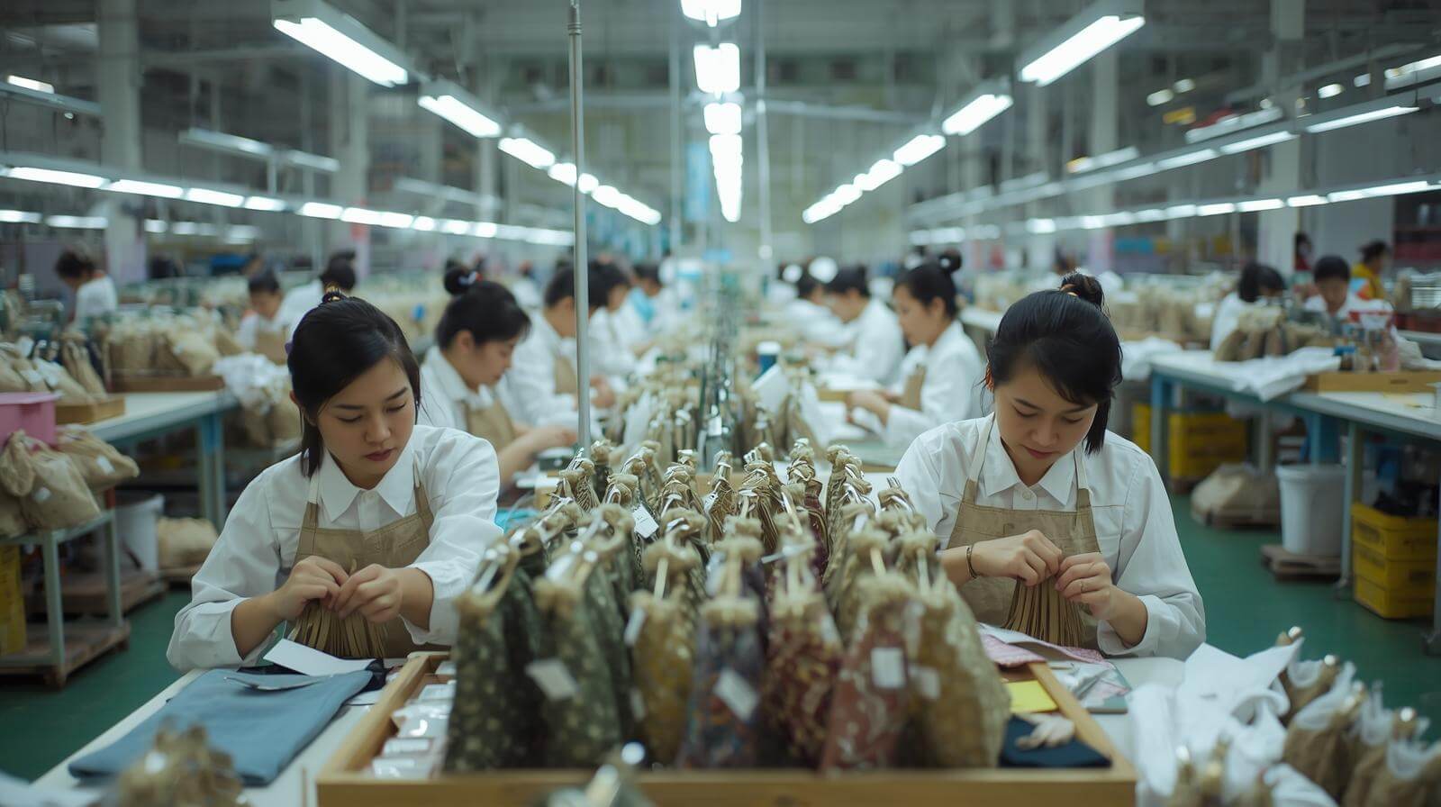 A china well-organized factory floor showing skilled workers crafting makeup bags