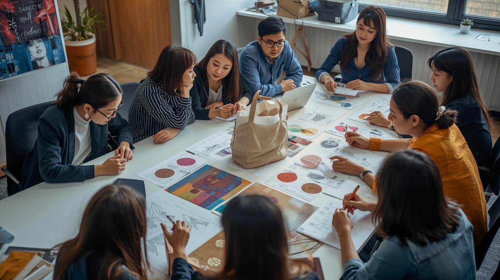 A design team collaborating around a table with sketches, fabric swatches, and a tote bag prototype