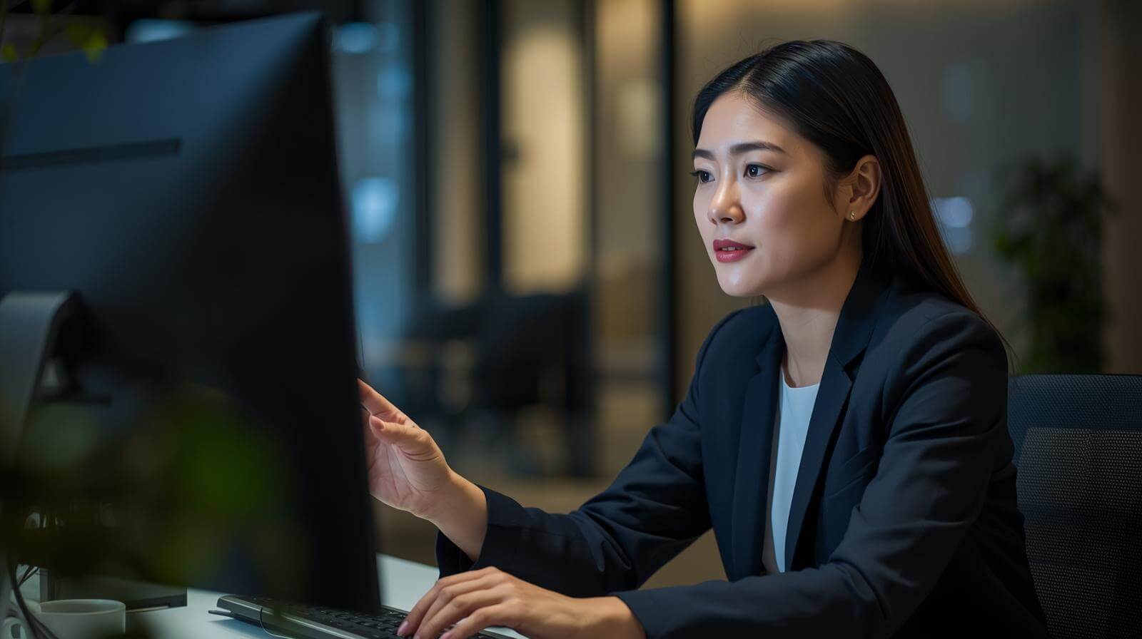 A professional project manager on a video call, discussing a project timeline on a screen