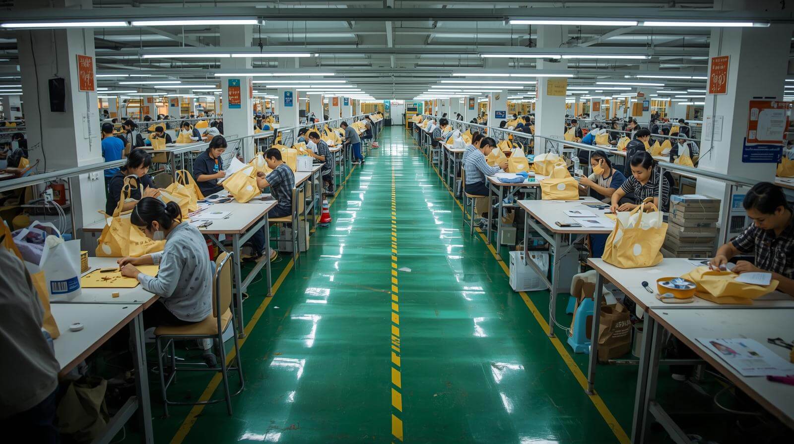 A clean, well-lit factory floor with workers assembling tote bags safely