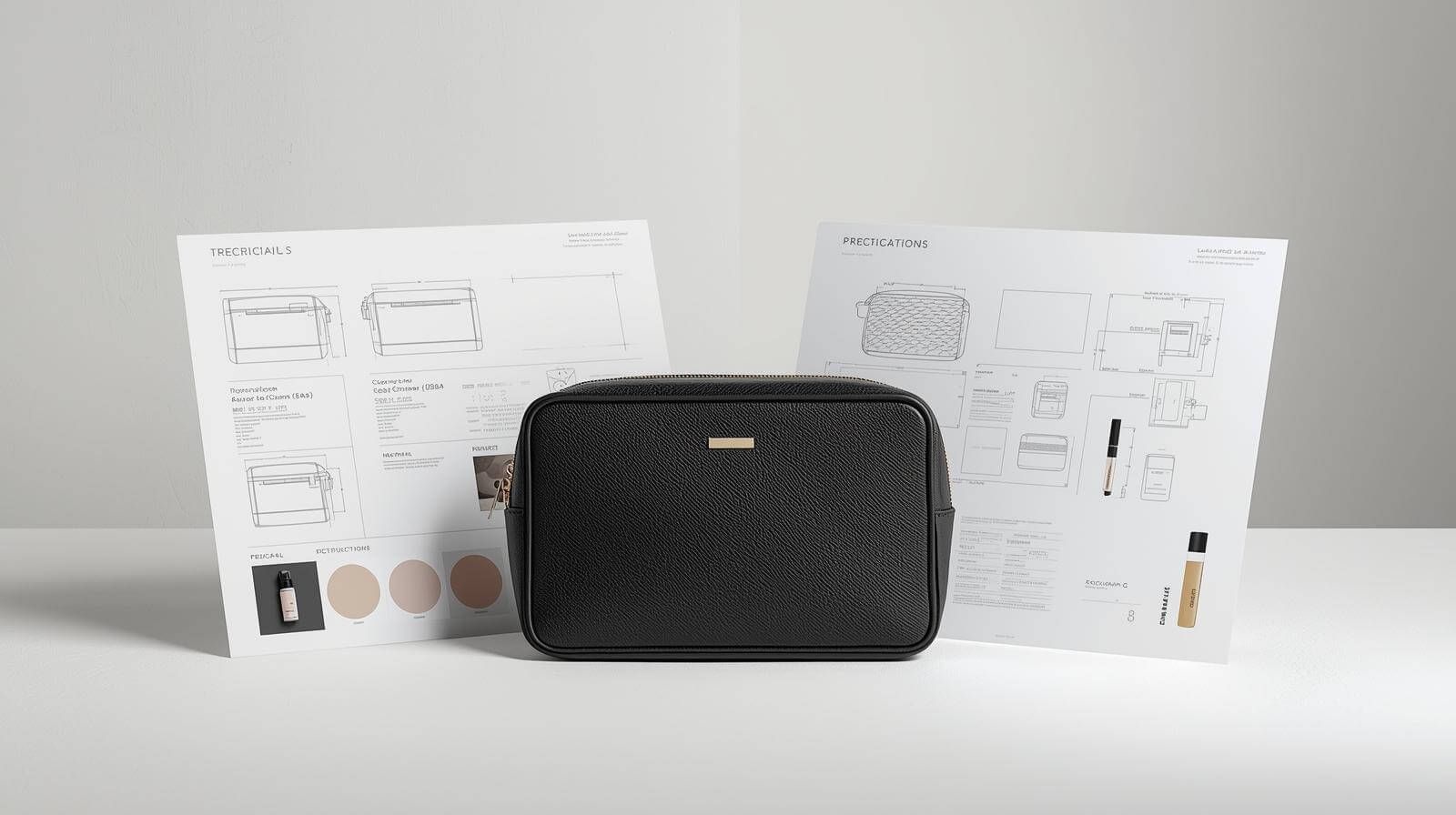 A perfect makeup bag product sample next to its technical design specifications
