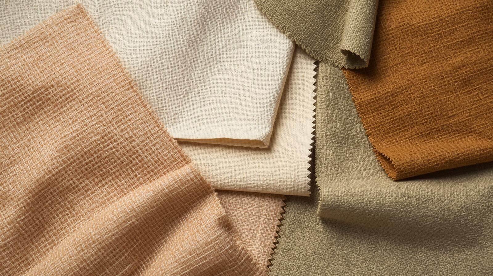 An array of sustainable fabric swatches like rPET, organic cotton, and plant-based fibers