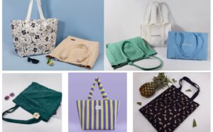 An assortment of eco-friendly tote bags made from different sustainable materials