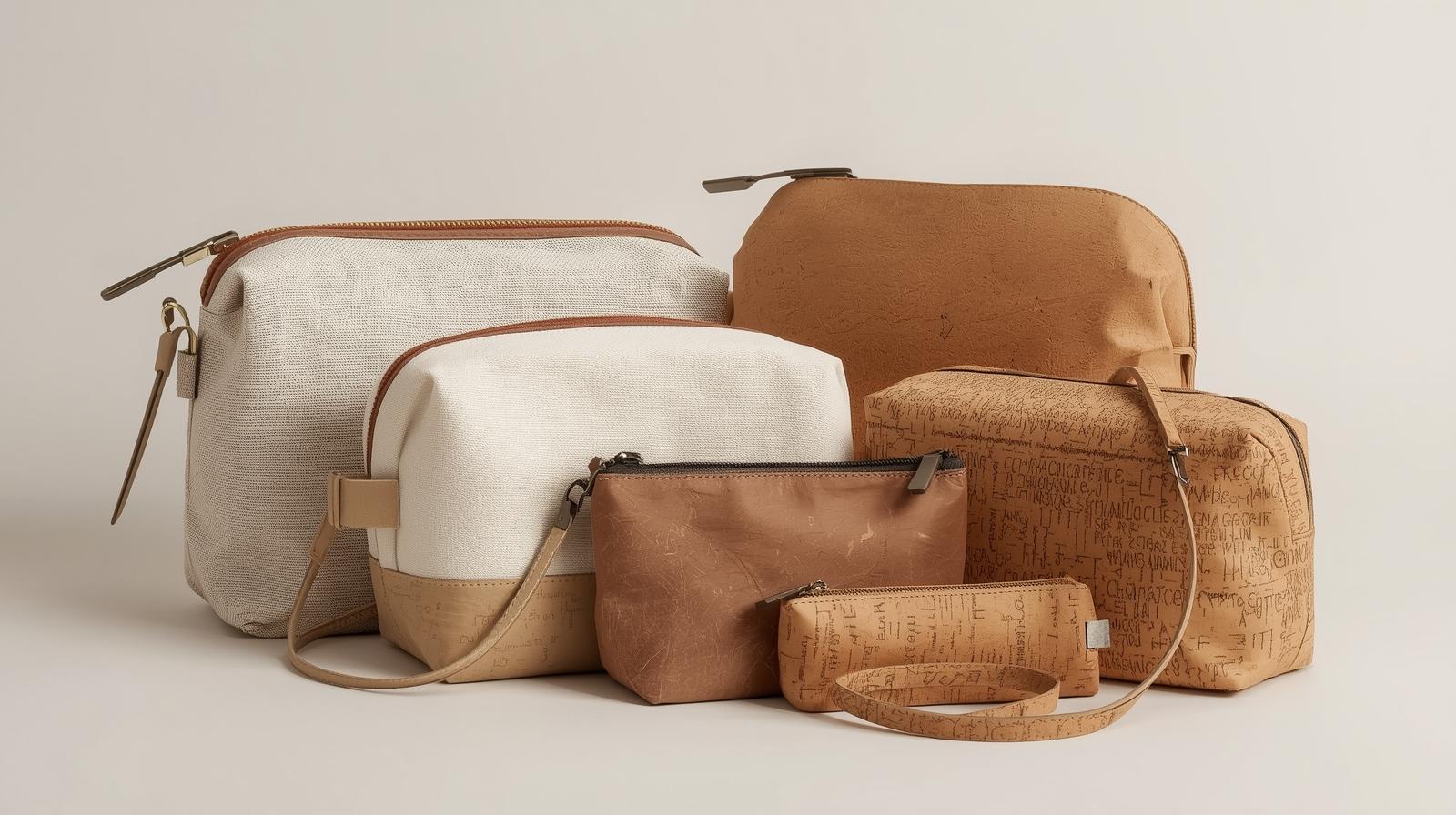 A collection of eco-friendly fabrics MAKEUP BAG like rPET, organic cotton, and cork leather.