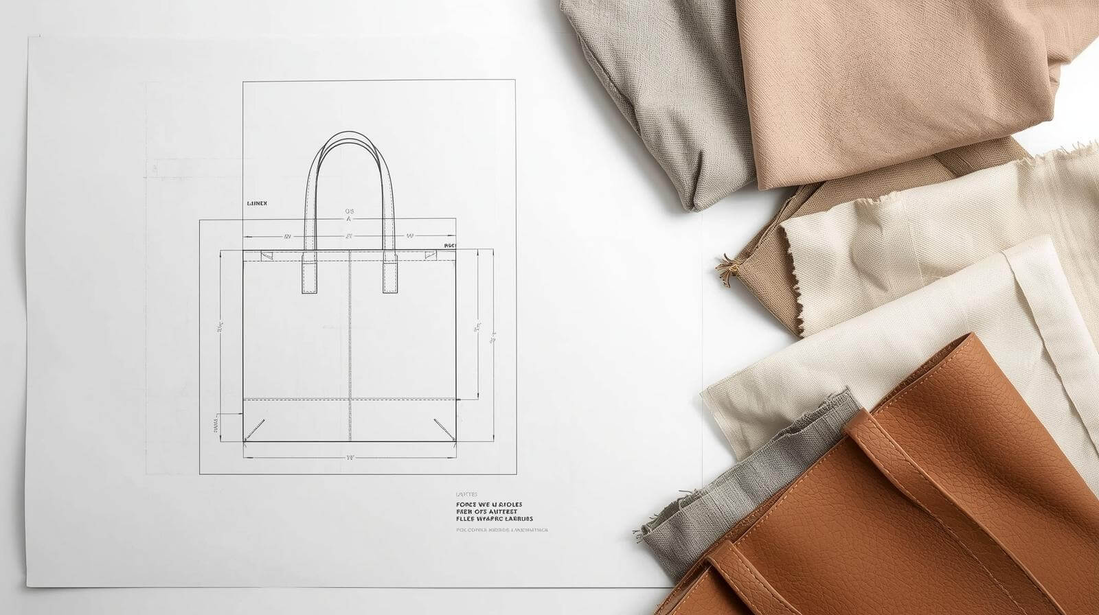 A design schematic for a tote bag being reviewed against material swatches