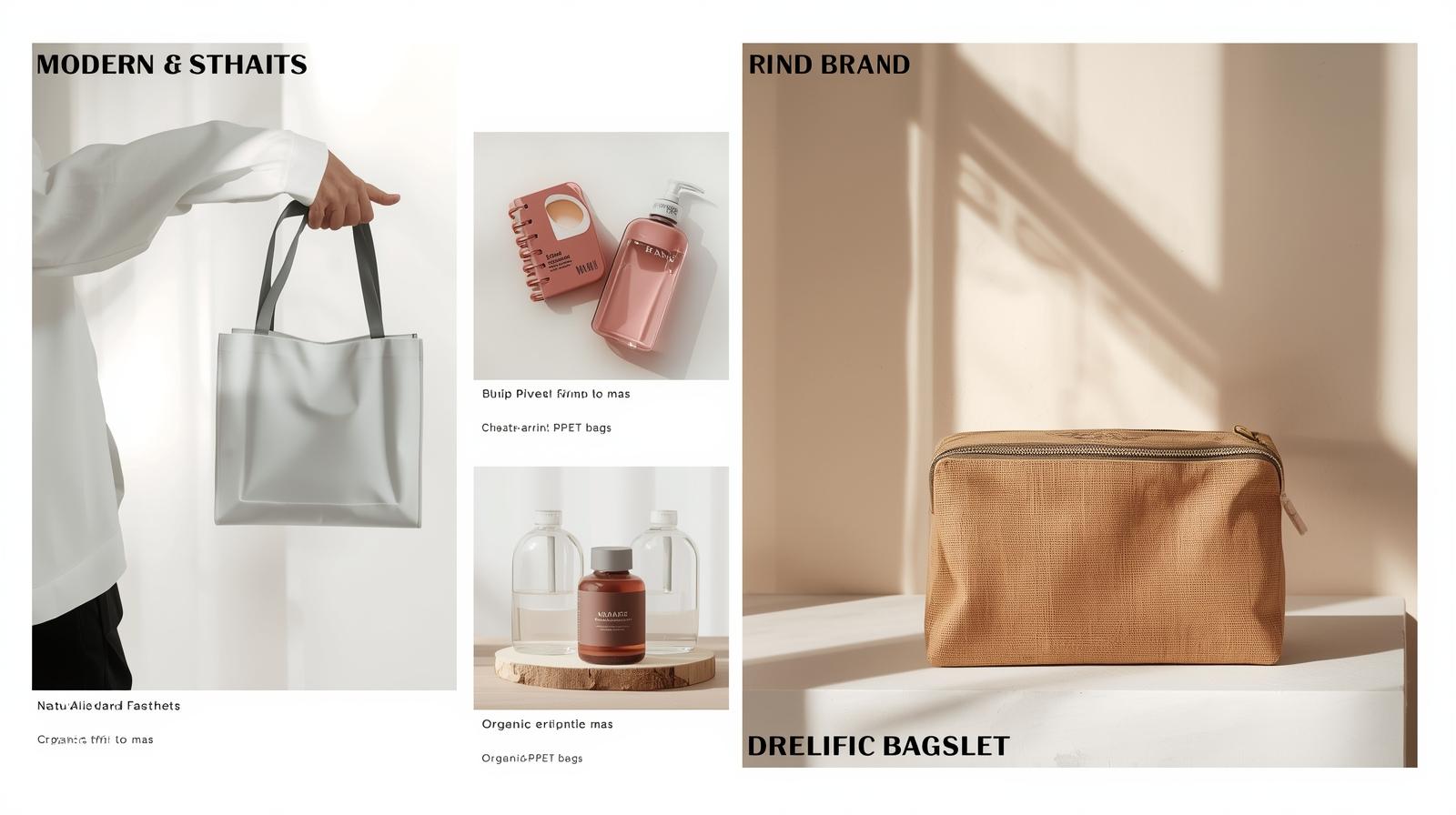 A mood board showing a modern brand aesthetic with rPET bags and a natural brand aesthetic with organic cotton bags