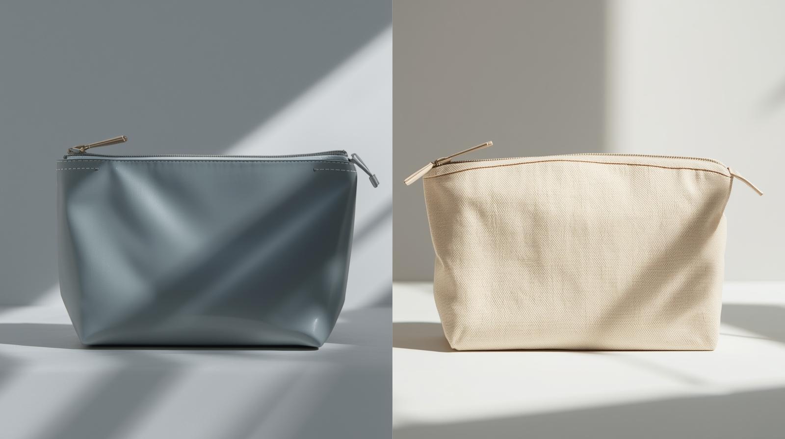 A side-by-side comparison of a sleek rPET cosmetic bag and a soft organic cotton cosmetic bag