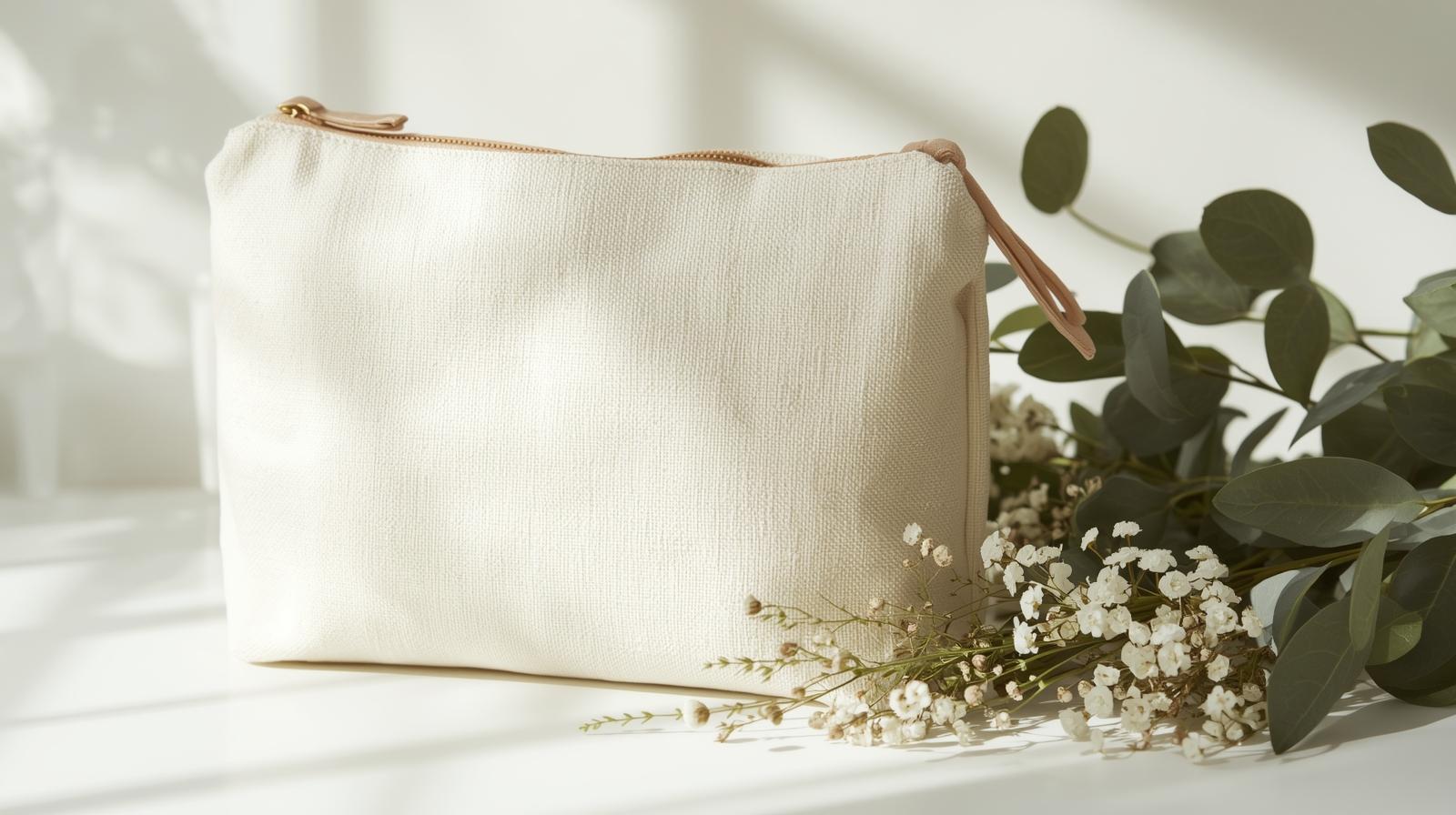 A soft, organic cotton cosmetic bag placed next to natural botanicals