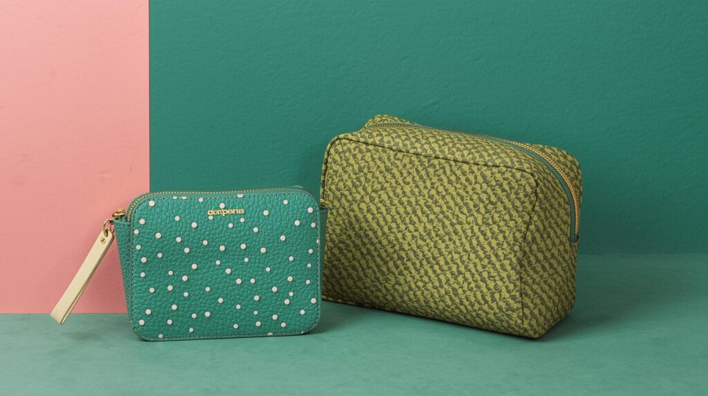 A stylish cosmetic bag made from a unique vegan leather, such as apple or cactus leather