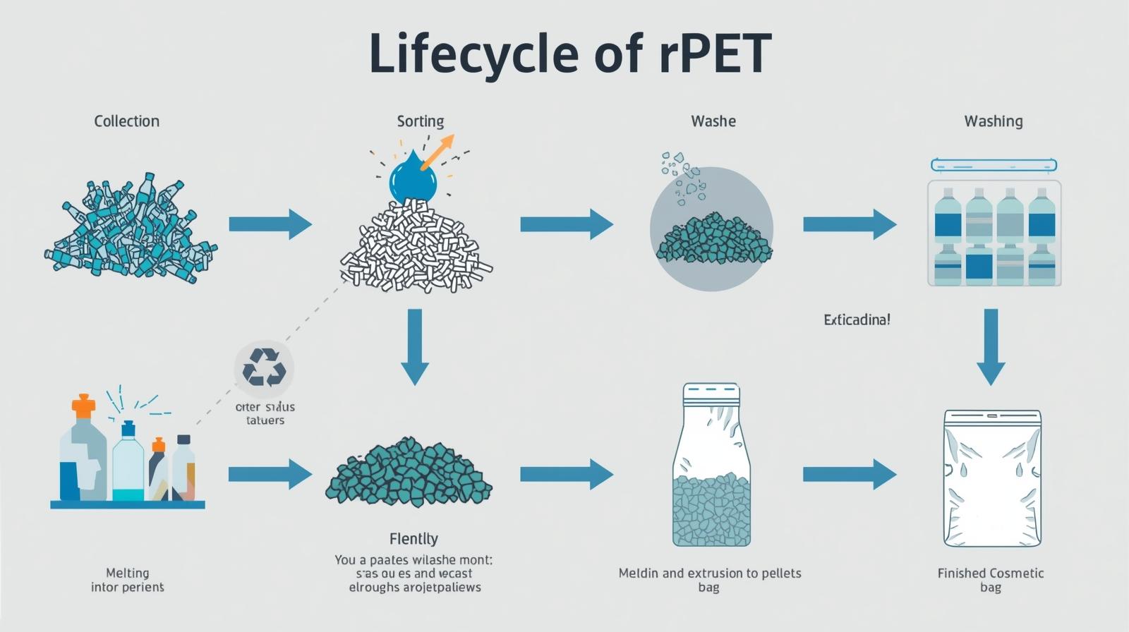An infographic showing the lifecycle of rPET from plastic bottle to cosmetic bag