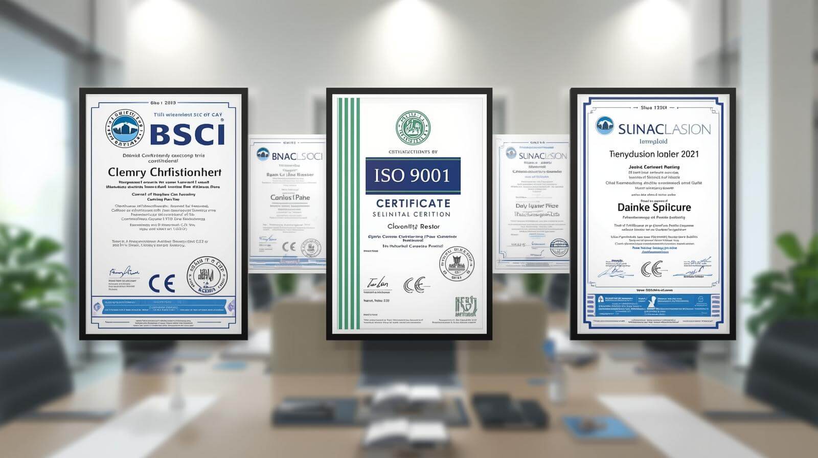 Certificates like BSCI, Sedex, and ISO 9001 displayed prominently