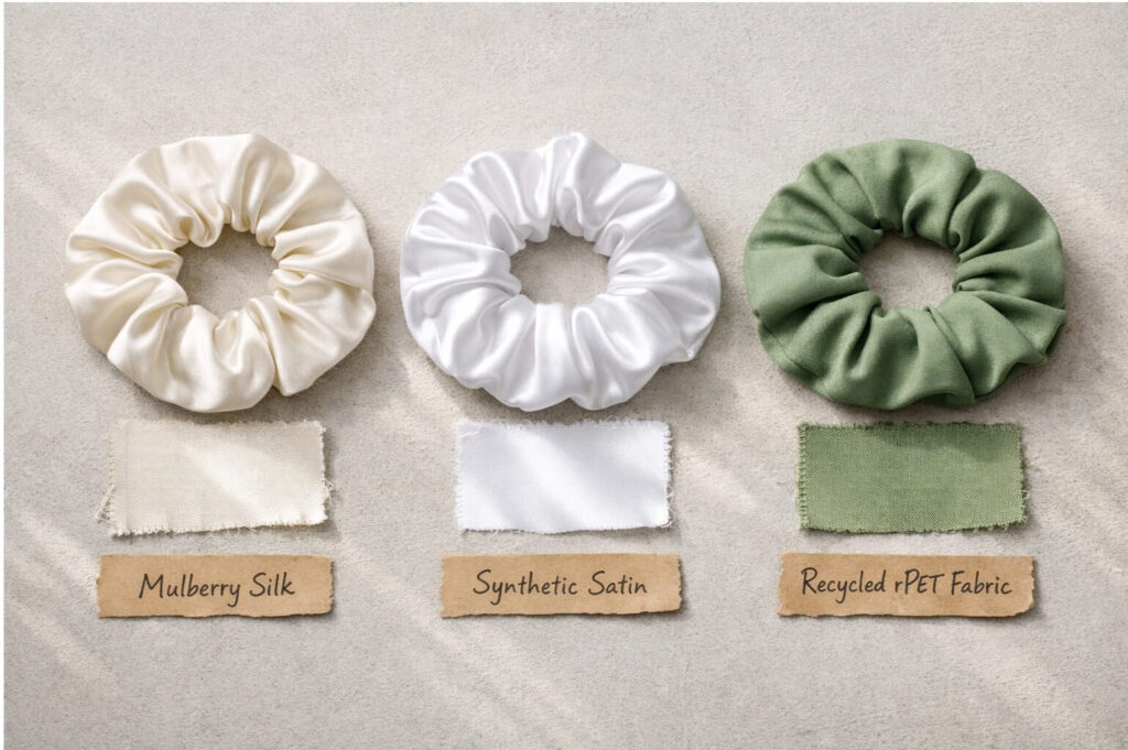 A flat lay comparing silk, satin, and recycled fabric scrunchies side-by-side with fabric swatches 2
