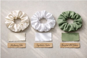 A flat lay comparing silk, satin, and recycled fabric scrunchies side-by-side with fabric swatches 2