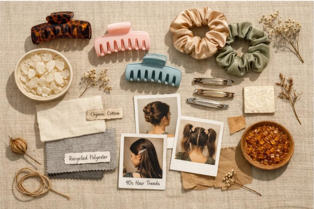 A mood board showing sustainable materials and vintage 90s hair accessory styles