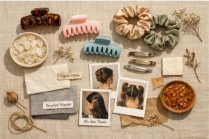 A mood board showing sustainable materials and vintage 90s hair accessory styles