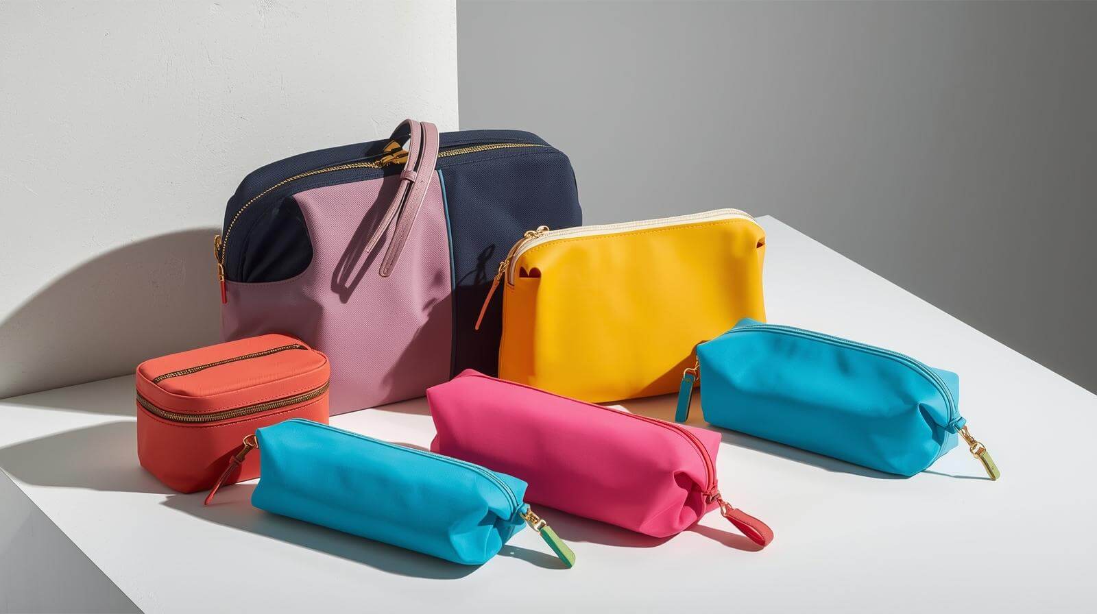 Handled quilted vanity case sample used to review structure zipper route and premium beauty pouch presentation