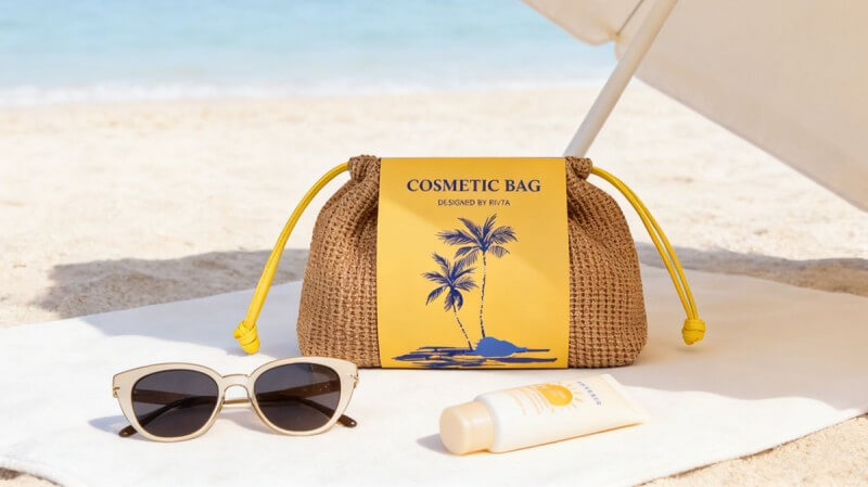 A collection of colorful summer-themed custom makeup bags