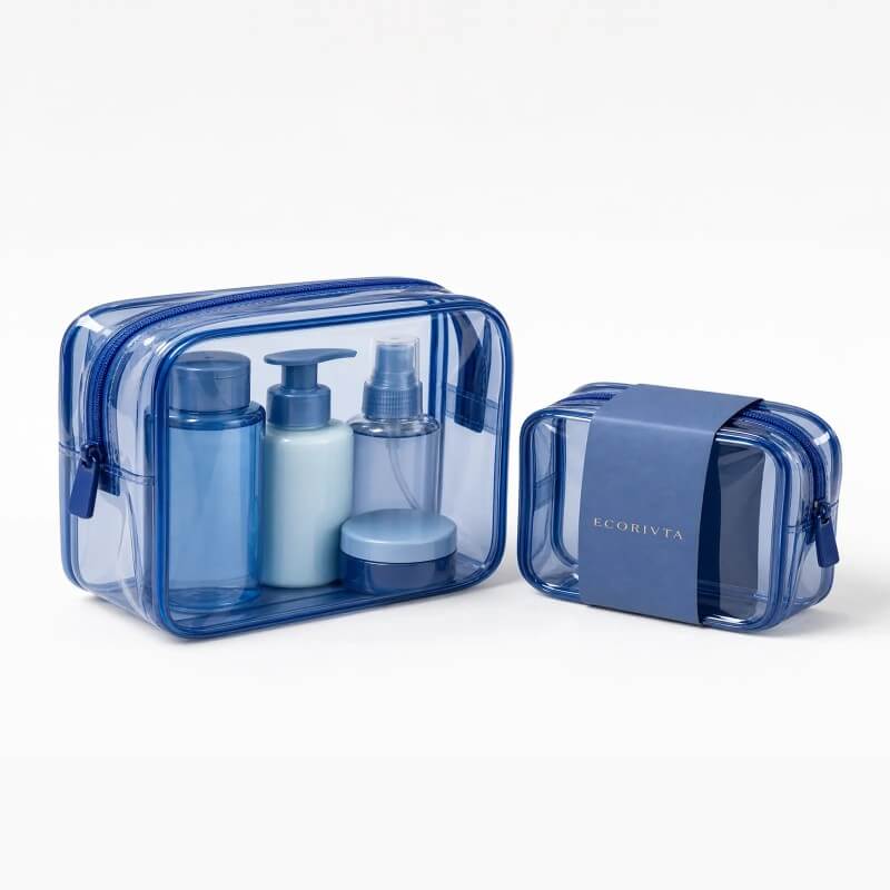 Clear travel pouch route for beauty GWP and travel retail packing