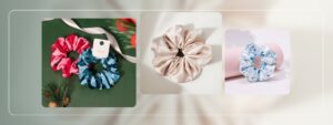 Silk scrunchie packaging cover with label, card and retail gift references
