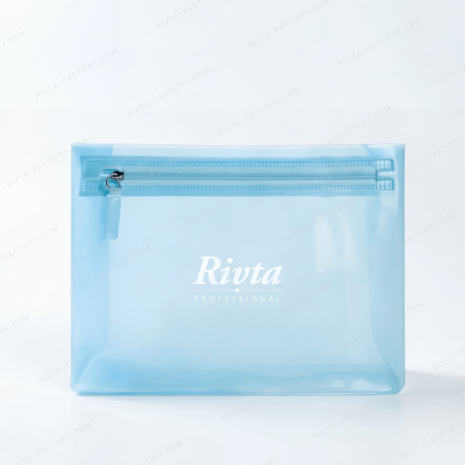 Blue transparent cosmetic pouch sample for logo visibility surface and zipper review