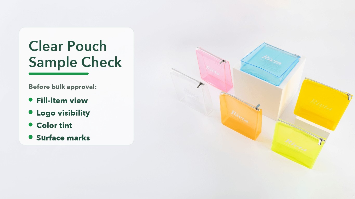Clear pouch sample checklist visual with transparent pouch color samples and approval points