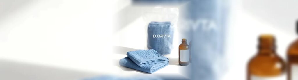 Blue face towel with pouch and bottle packing for skincare spa GWP brief