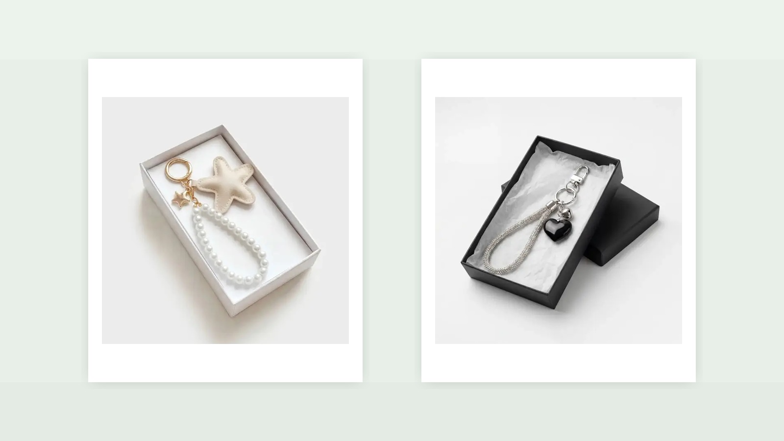 Bag charm gift pack and box route for custom beauty accessories