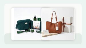 Centered Beauty GWP RFQ handoff hero with campaign cosmetic bags and eco tote samples