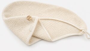 Curly hair towel wrap fit visual reference with waffle microfiber, button and elastic loop