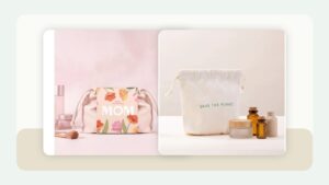 Centered dust bag GWP packout hero with beauty gift packaging and recycled cotton drawstring dust bag samples