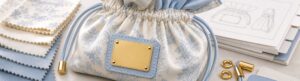 EU beauty accessory compliance handoff with satin pouch, blank metal plaque, textile swatches and component specification sheets