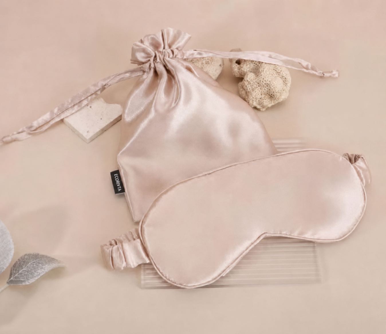 Ecorivta eye mask and pouch route for a coordinated sleep beauty set