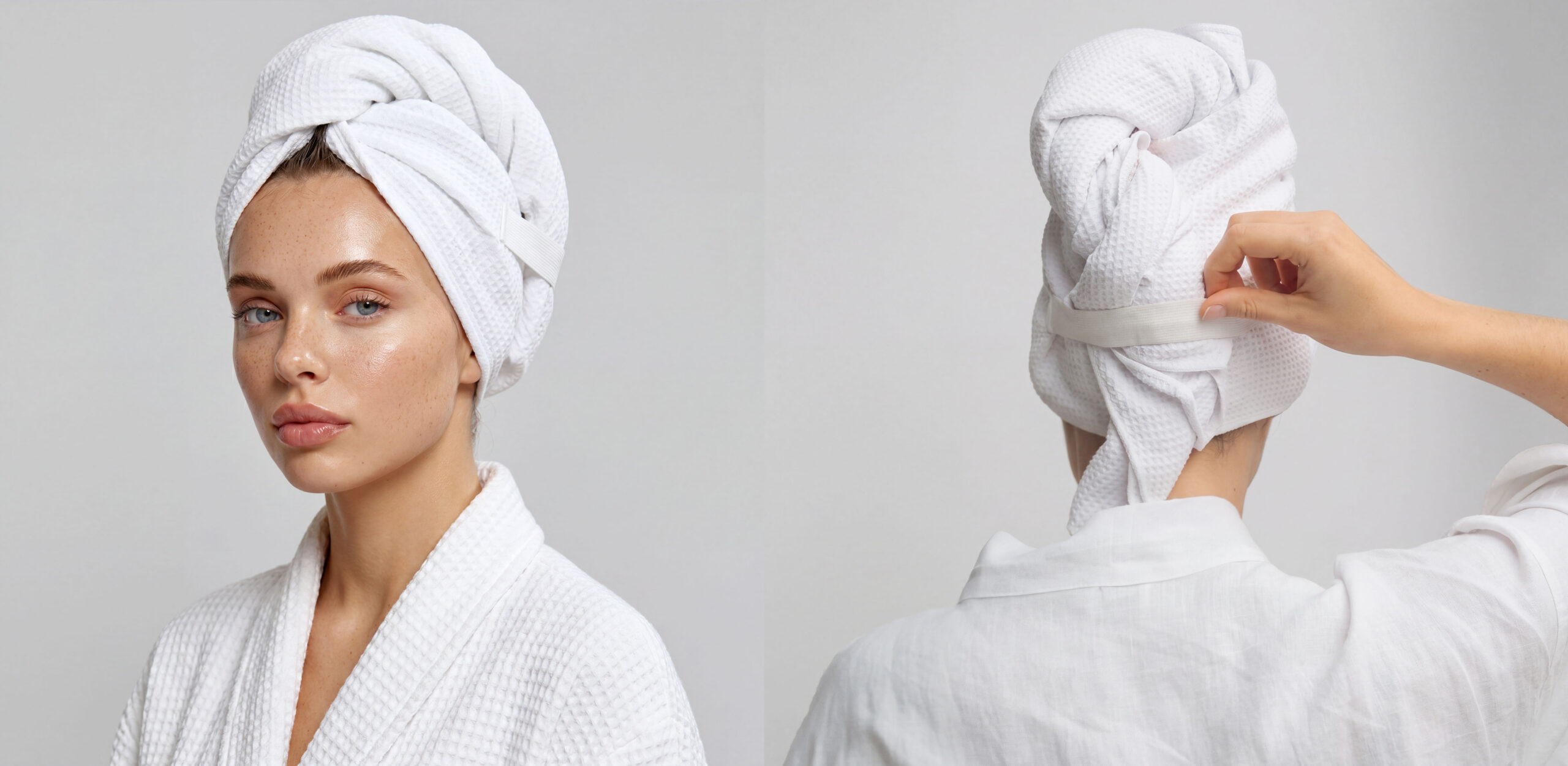 White waffle elastic-wrap hair towel shown from the front and back