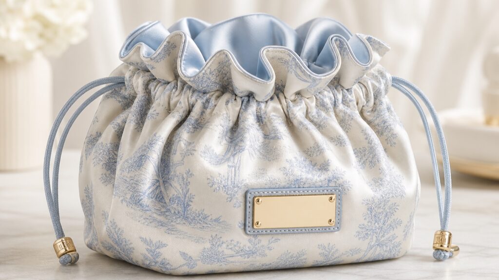 https://www.ecorivta.com/ruched-satin-gwp-pouch-prototype-gathering-drawstring-metal-plaque/