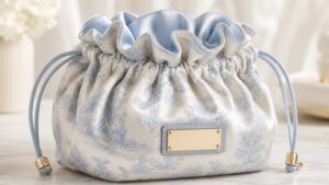 Ruched satin GWP pouch prototype visual reference with drawstring and metal plaque