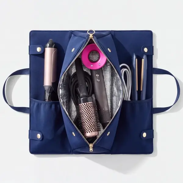 Organizer bag route for powered-off hair tool storage and cord separation