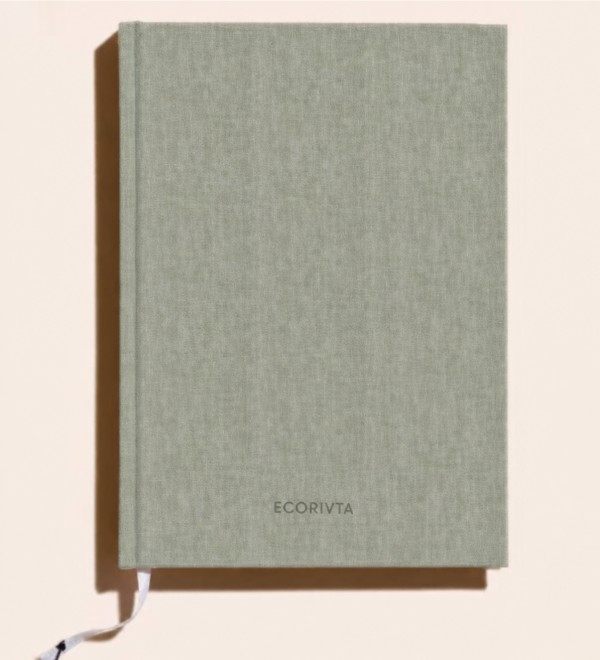 Anonymized A5 linen notebook sample with fabric-label logo route