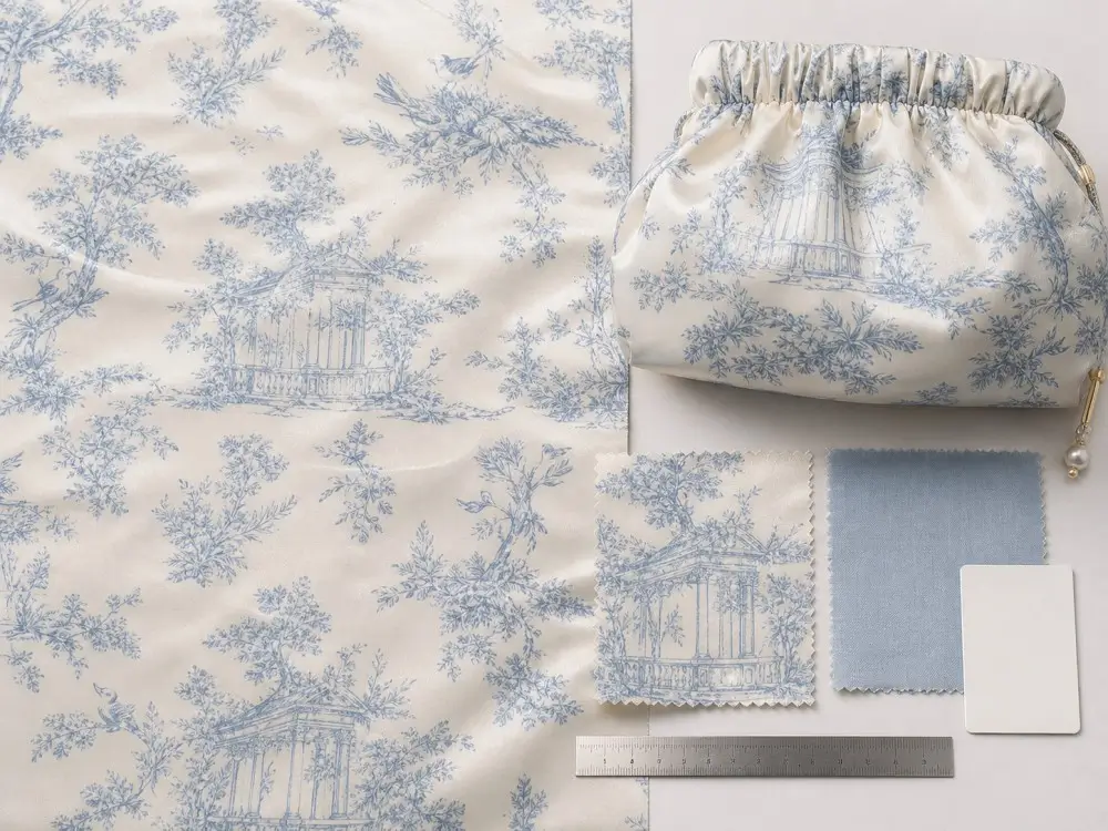 Toile print strikeoff and gathered satin pouch sample for motif repeat approval